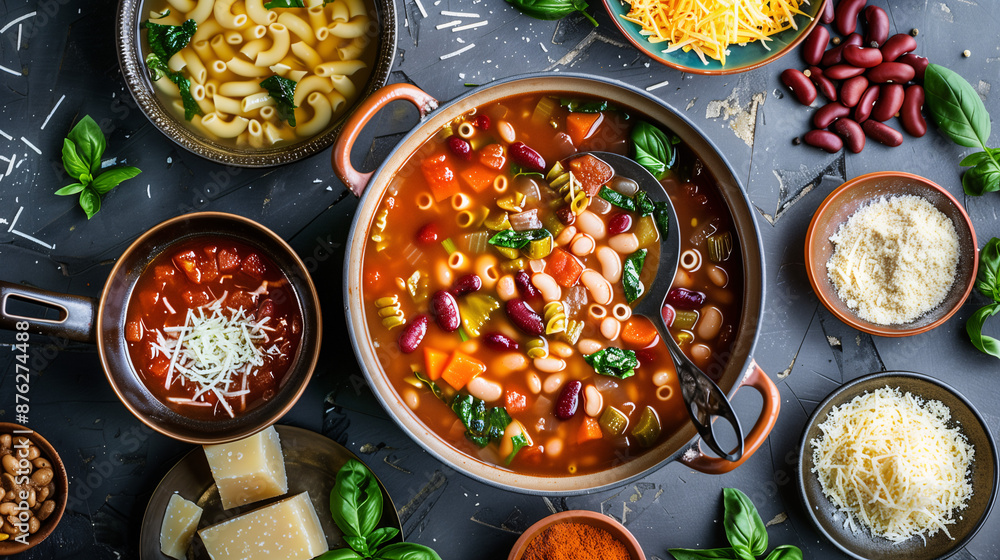 a warm and inviting slow cooker minestrone soup, filled with beans, pasta, and seasonal vegetables, served in a large pot with a ladle, surrounded by small bowls of grated Parmesan and fresh basil a warm and inviting slow cooker minestrone soup, filled with beans, pasta, and seasonal vegetables, served in a large pot with a ladle, surrounded by small bowls of grated Parmesan and fresh basil