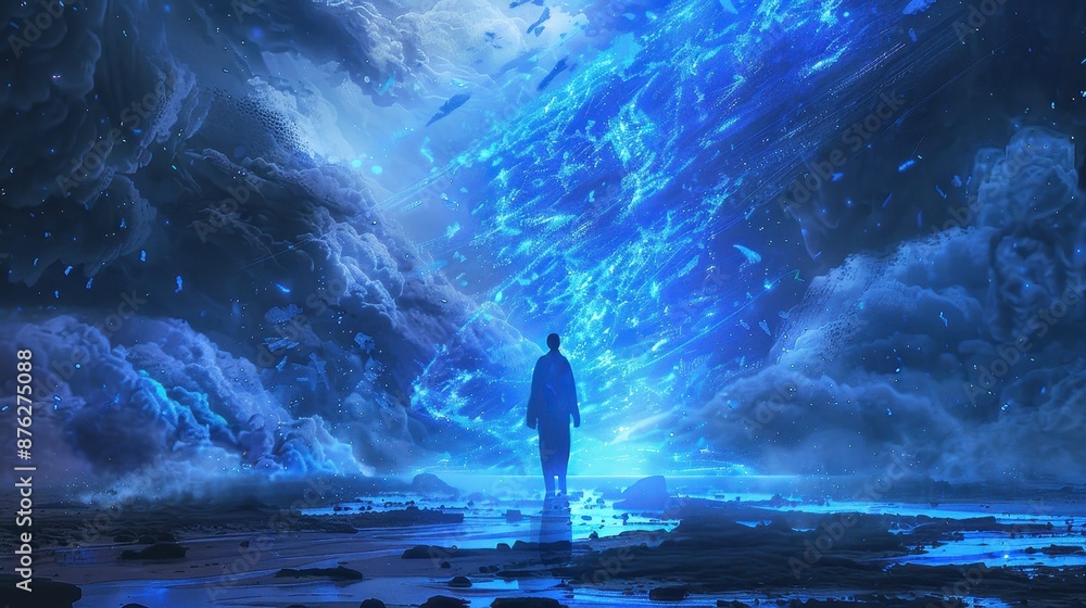 Obraz premium A lone figure stands under a vibrant cosmic sky, surrounded by mystical, blue, and surreal clouds evoking a sense of awe and wonder.