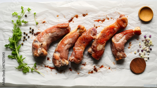 Savory pork, Meat pieces seasoned with spices on parchment