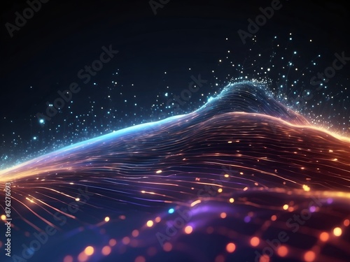 Colorful futuristic data flow background with dynamic wave streams. Abstract background with colorful glowing digital wavelines photo