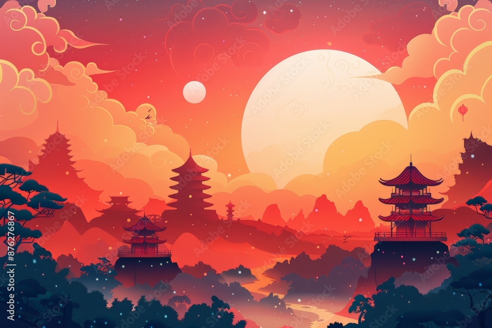 Majestic sunset over traditional pagodas in a serene Asian landscape. Majestic sunset over traditional pagodas in a serene Asian landscape.