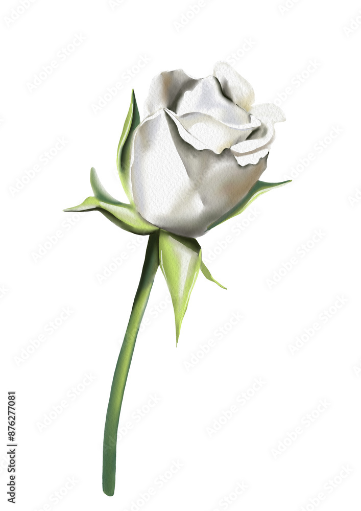 A rose branch with closed small and medium buds. Green stems and leaves. There are no thorns. Vintage style. Watercolor illustration. A rose branch with closed small and medium buds. Green stems and leaves. There are no thorns. Vintage style. Watercolor illustration.