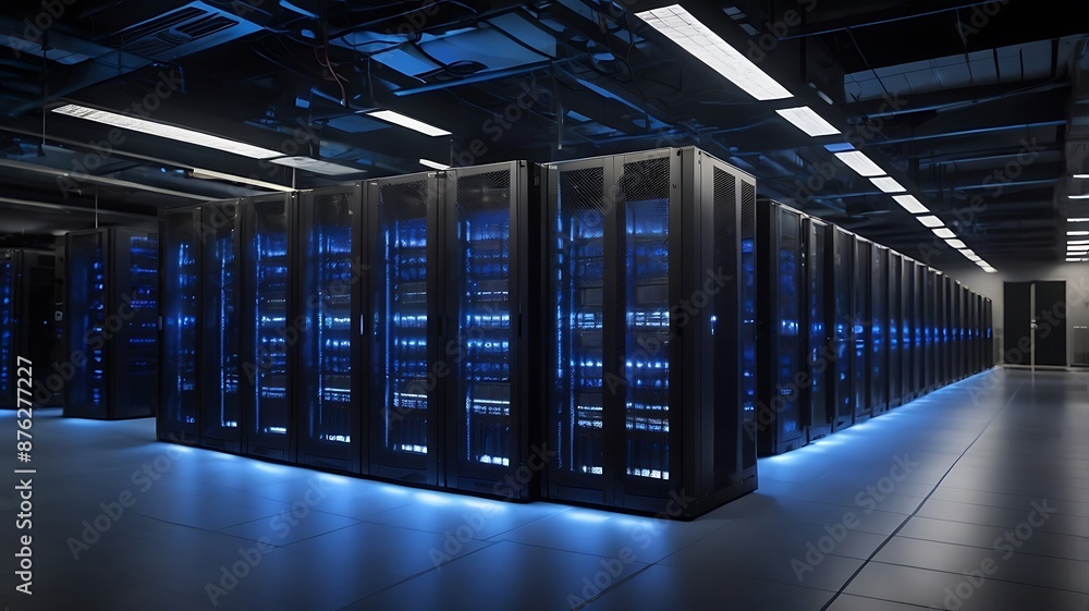 Row of network mega processors next to each other in a line with neon lights, internet center hardware technology and web related Row of network mega processors next to each other in a line with neon lights, internet center hardware technology and web related