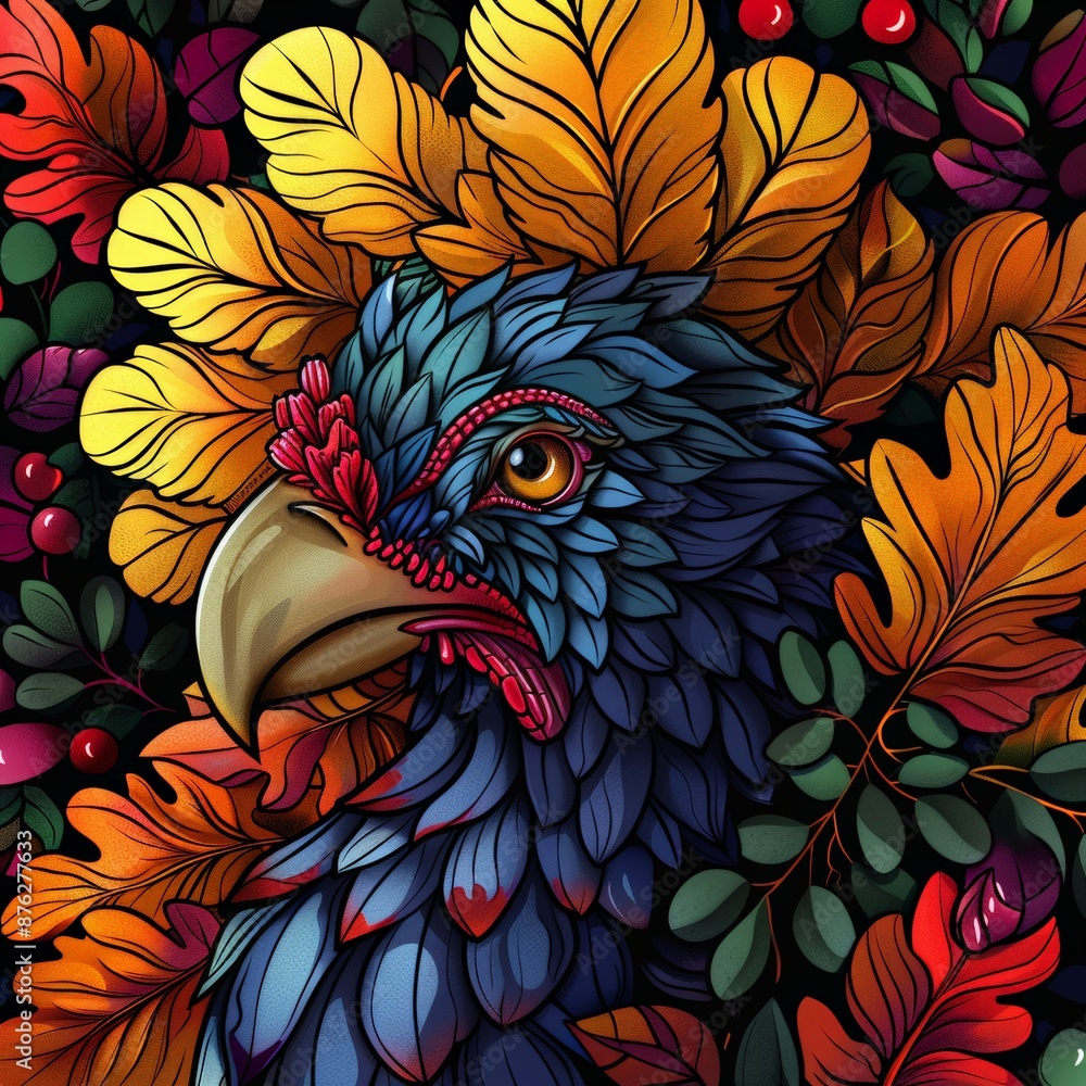 Fototapeta premium Colorful turkey illustration surrounded by vibrant autumn leaves.
