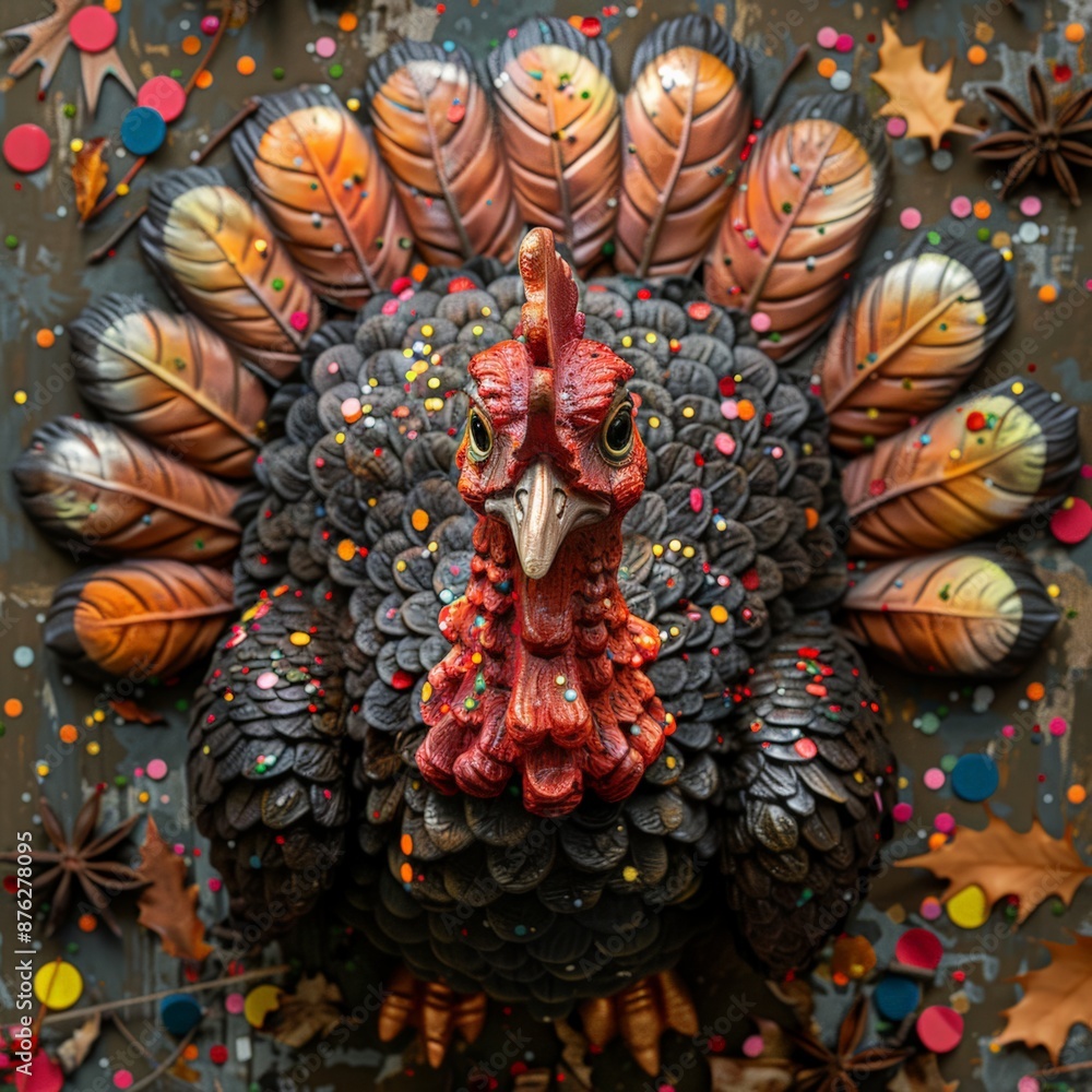 Naklejka premium Festive turkey decoration surrounded by colorful confetti.