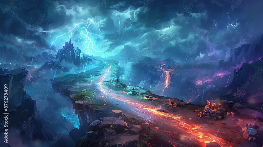 Road on mountain peak with lightning from above Road on mountain peak with lightning from above