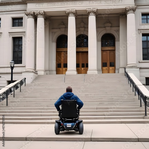 Disability Rights: An individual in a wheelchair facing an inaccessible public building