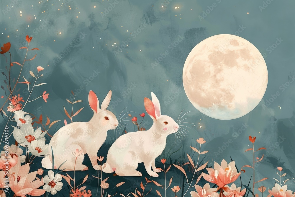 Obraz premium Two white rabbits in a whimsical, pastel-colored landscape under the moon.