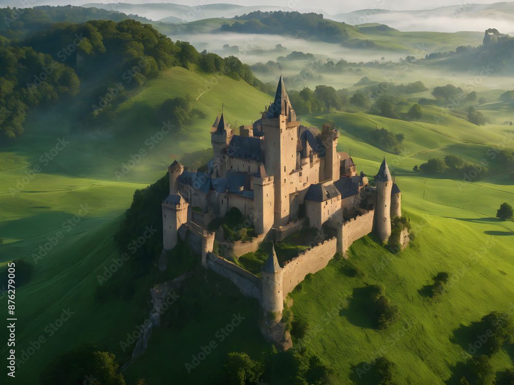 An ancient castle perched on a hill, surrounded by mist and rolling green fields.
An ancient castle perched on a hill, surrounded by mist and rolling green fields.