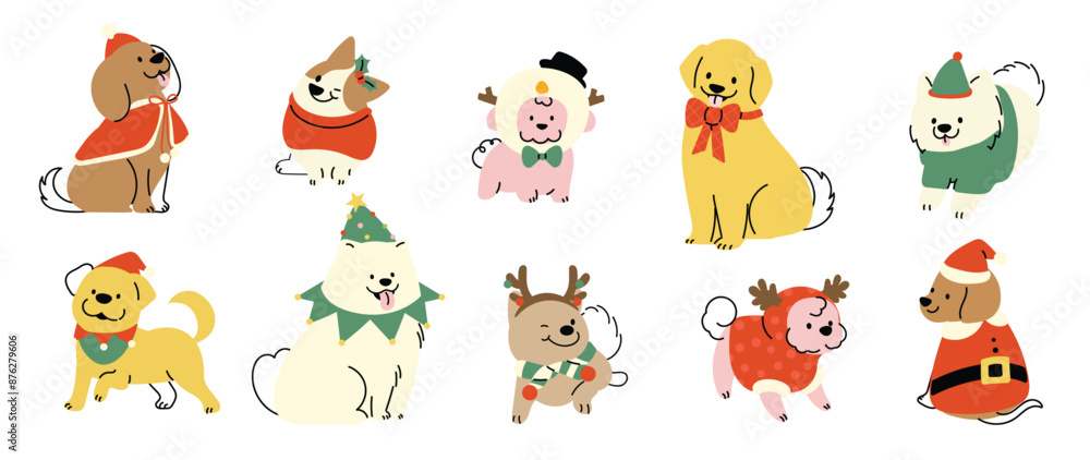 custom made wallpaper toronto digitalMerry christmas and happy new year concept background vector. Collection drawing of cute dogs with decorative scarf, ribbon, hat. Design suitable for banner, invitation, card, greeting, banner, cover.