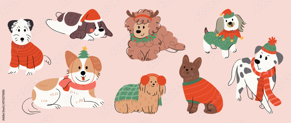 Obraz premium Merry christmas and happy new year concept background vector. Collection drawing of cute dogs with decorative scarf, ribbon, hat. Design suitable for banner, invitation, card, greeting, banner, cover.