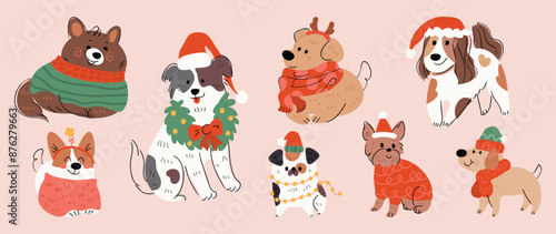 Merry christmas and happy new year concept background vector. Collection drawing of cute dogs with decorative scarf, ribbon, hat. Design suitable for banner, invitation, card, greeting, banner, cover.