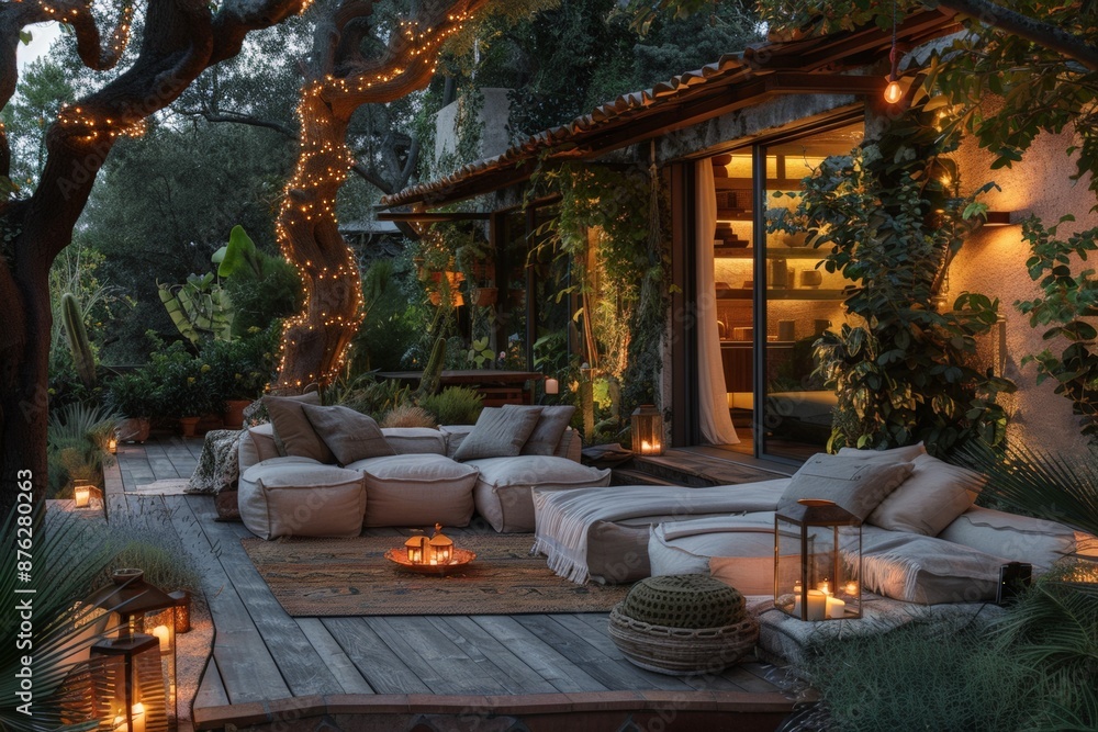 Obraz premium Cozy outdoor seating area with fairy lights and lanterns in a lush garden.