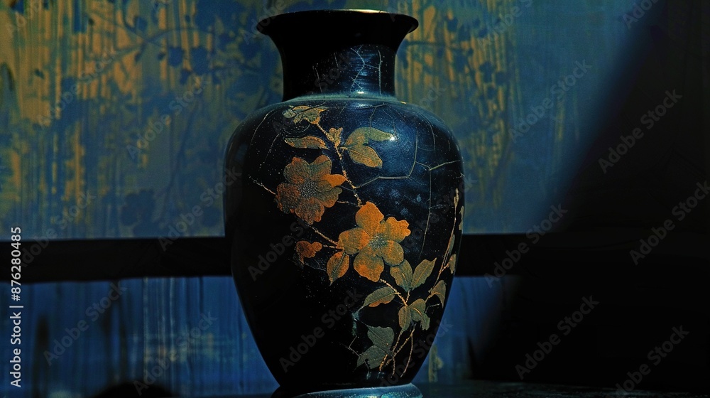 A black vase rests atop a table, adjacent to a blue and yellow wall adorned with leaf paintings A black vase rests atop a table, adjacent to a blue and yellow wall adorned with leaf paintings