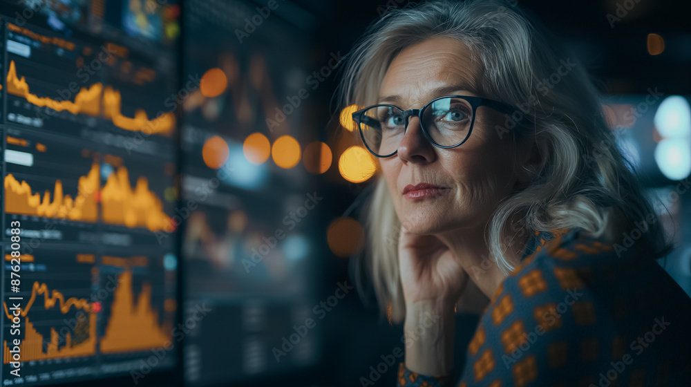 Busy middle-aged female entrepreneur working on computer at workplace, stock market and financial trading themes, confident and happy Busy middle-aged female entrepreneur working on computer at workplace, stock market and financial trading themes, confident and happy