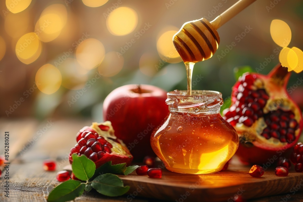 Honey being drizzled into a jar with pomegranates and festive bokeh lights in the background. Honey being drizzled into a jar with pomegranates and festive bokeh lights in the background.