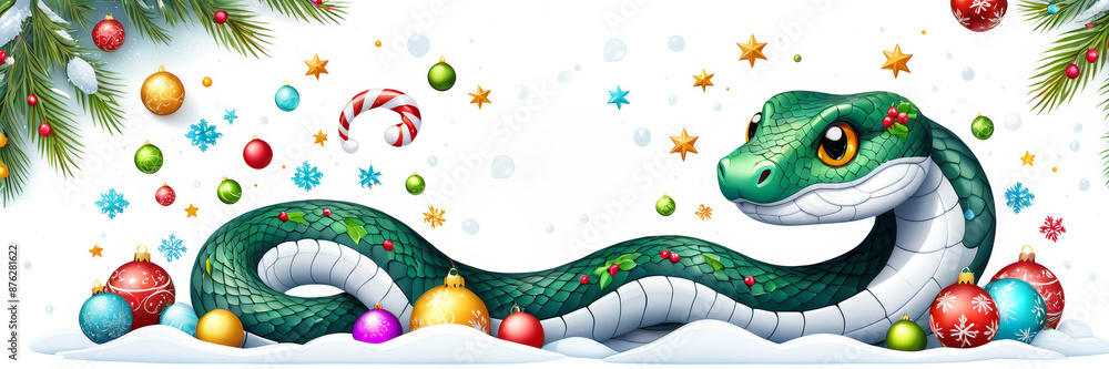 Fototapeta premium A banner with a cute cartoon snake with snowflakes, branches of a Christmas tree decorated with Christmas toys.