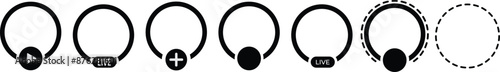 live video streaming frame, live stream icon set. social media interface app icon , stories badges, live streaming, icon, button - live broadcast social network stories profile circle frame
