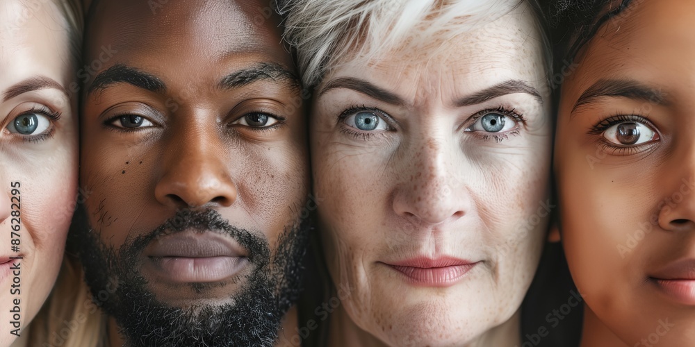 A group of people with different skin tones and ages are shown in a row. Concept of unity and diversity, as the people come from different backgrounds and have different features A group of people with different skin tones and ages are shown in a row. Concept of unity and diversity, as the people come from different backgrounds and have different features