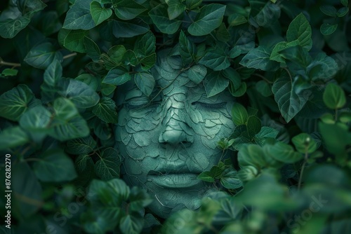 Surreal Face Covered in Green Leaves, Nature and Human Connection, Artistic Conceptual Photography