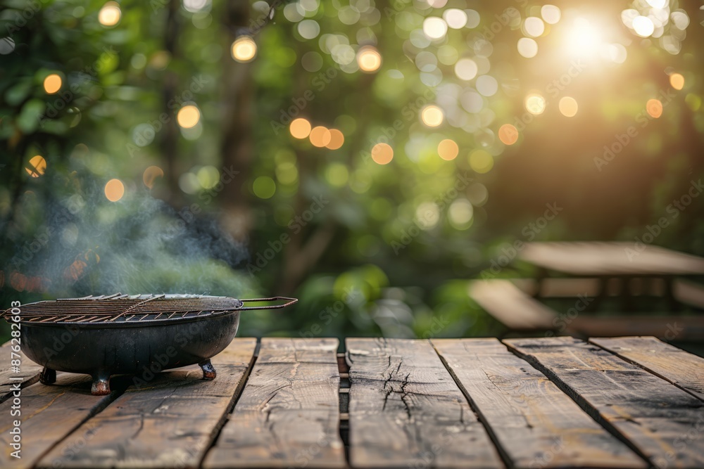 A barbecue grill on a wooden table in a lush garden setting at sunset, ready for an outdoor cooking session in the warm evening light. A barbecue grill on a wooden table in a lush garden setting at sunset, ready for an outdoor cooking session in the warm evening light.