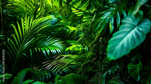 Lush green foliage, tropical jungle, rainforest greenery, vibrant forest leaves, exotic leafy plants, dense tropical vegetation, lush foliage background, jungle canopy, green nature backdrop, tropical © Wasai