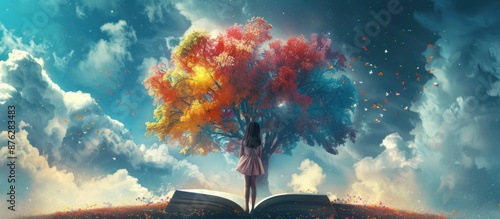 Girl Standing on an Open Book with a Colorful Tree