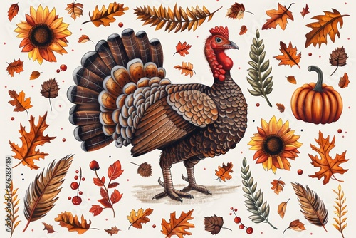 A detailed illustration of a turkey surrounded by autumn foliage, sunflowers, and pumpkins, celebrating the spirit of Thanksgiving. photo