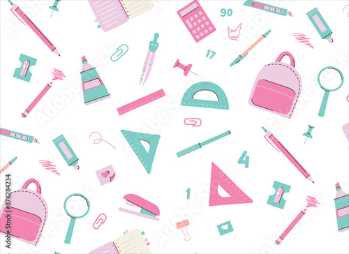 Pattern with school supplies, stationery and items. Back to school concept for web and promotional materials. Sale leaflet, advertising. Vector illustration seamless on white background.