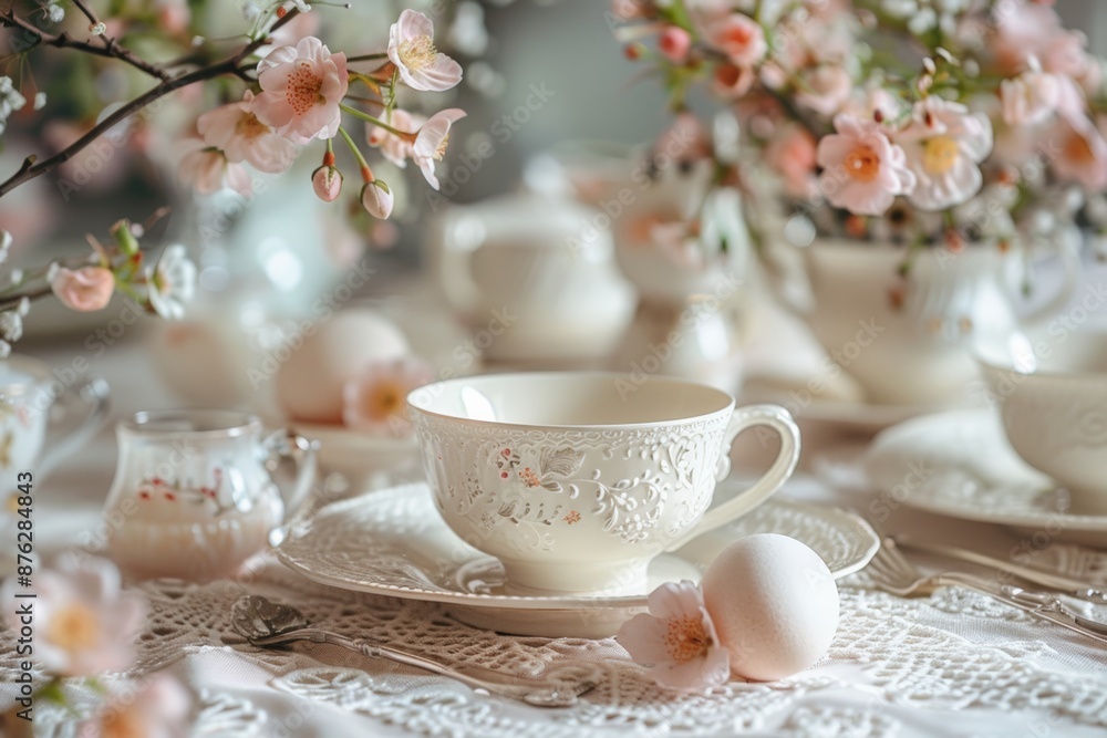 A beautifully set table with an elegant white tea set and delicate pink flowers, creating a serene and refined atmosphere. A beautifully set table with an elegant white tea set and delicate pink flowers, creating a serene and refined atmosphere.