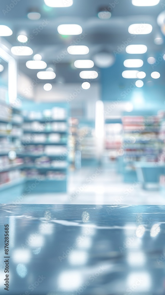 Obraz premium Modern Pharmacy Interior with Blurred Background, Featuring Blue Medicine Shelves and Open Space or Shopping Baskets, AI-Generated Design