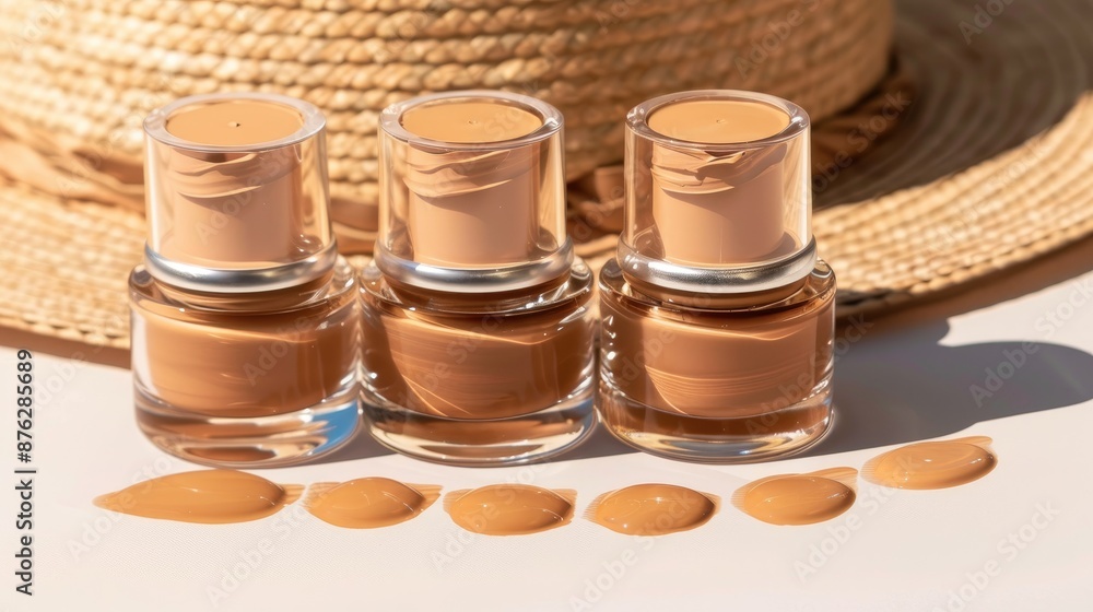 Three bottles of foundation with swatches on a sunny background Three bottles of foundation with swatches on a sunny background