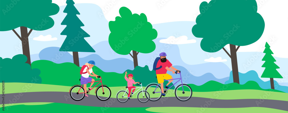 Obraz premium happy family riding bikes in the park outdoor bicycling summer activity vector illustration