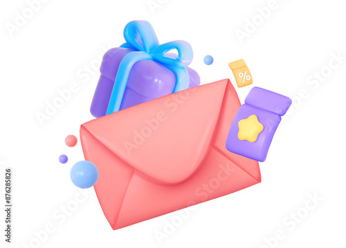 3D envelope with gift, coupons and colorful balls. For site, internet advertising, social networking. 3d vector illustration. 