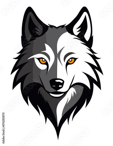 Wolf head logo or symbol black, white and grey. Can be used as emblem or mascot for sports or other products.