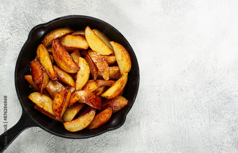 fried potato slices, in a cast-iron pan, homemade, no people, fried potato slices, in a cast-iron pan, homemade, no people,
