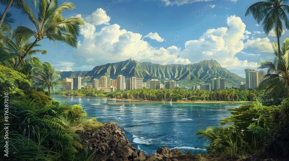 Naklejka premium an image of hawaii looking like reality with the background of scenic hawaian nature combined with hawaiian cityscape.