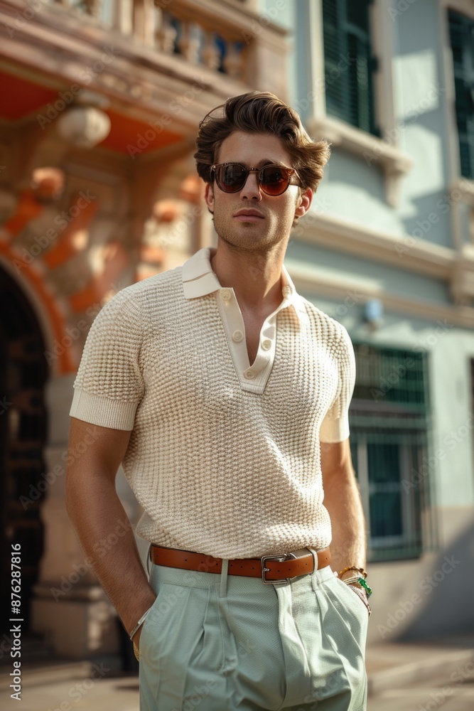 Fashionable Young Man Posing in Stylish Summer Outfit on City Street Fashionable Young Man Posing in Stylish Summer Outfit on City Street