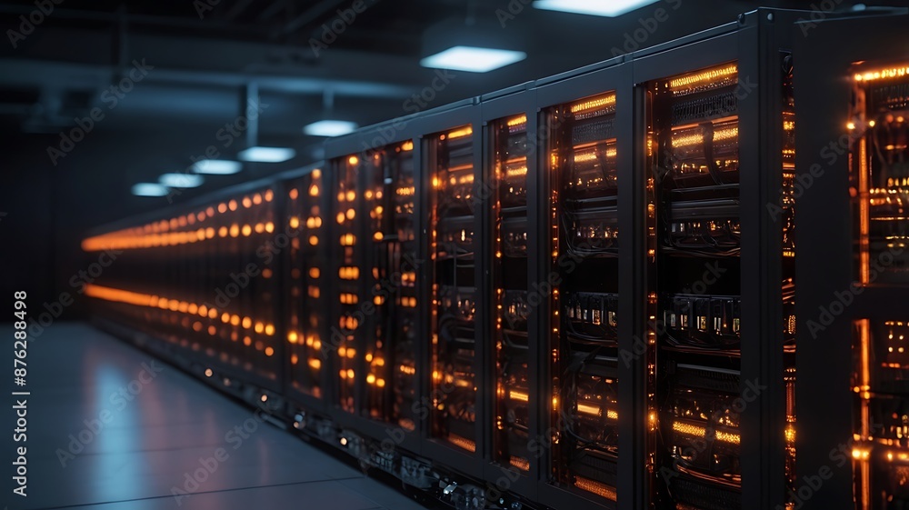 Row of network mega processors next to each other in a line with neon lights, internet center hardware technology and web related Row of network mega processors next to each other in a line with neon lights, internet center hardware technology and web related