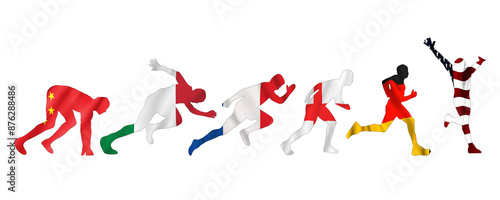 A national-clad athlete running in a minimalist isolated background.