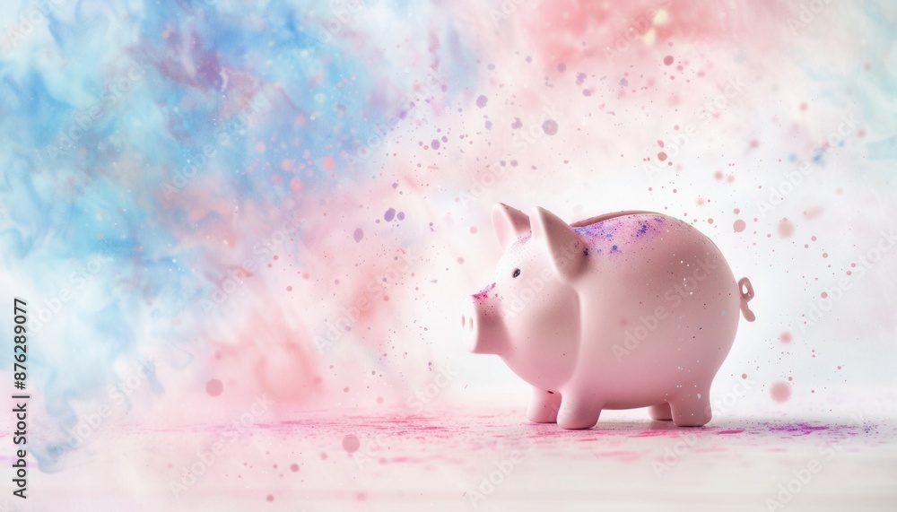 Watercolor business saving money concept, close up, vibrant, blend mode, piggy bank backdrop Watercolor business saving money concept, close up, vibrant, blend mode, piggy bank backdrop