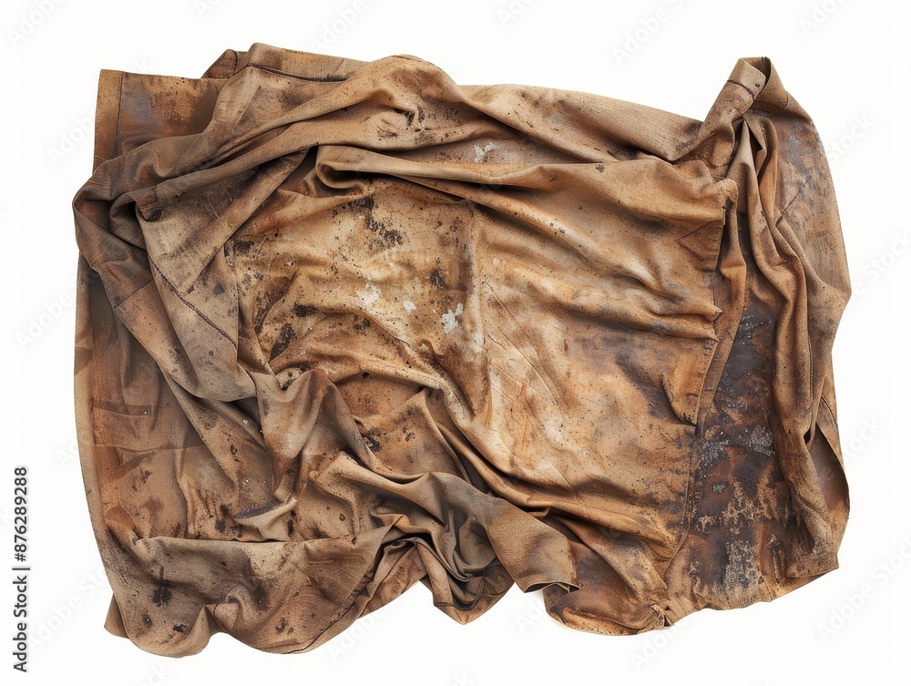Tattered Fabric with Oil Stains - Textile Damage and Wear, Isolated on White Background Tattered Fabric with Oil Stains - Textile Damage and Wear, Isolated on White Background