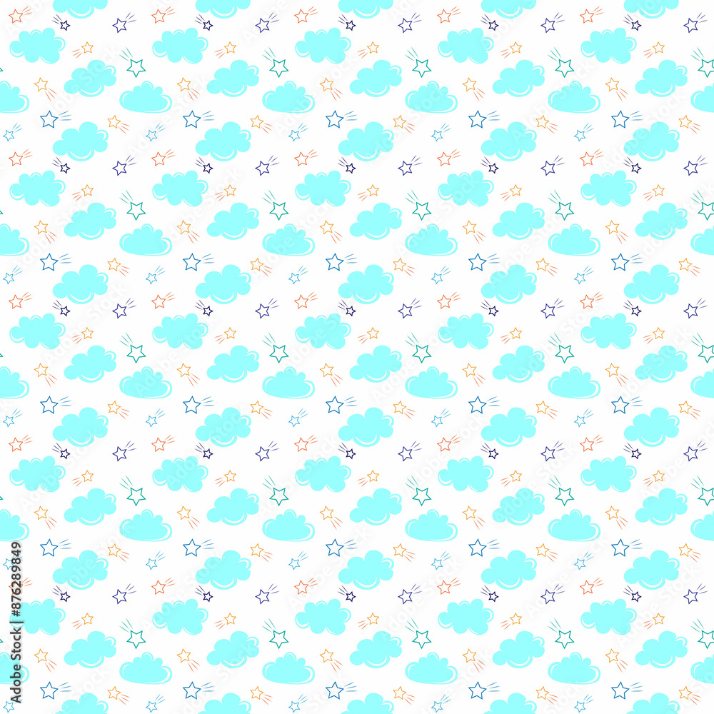 A beautiful children's illustration with blue clouds and stars A beautiful children's illustration with blue clouds and stars