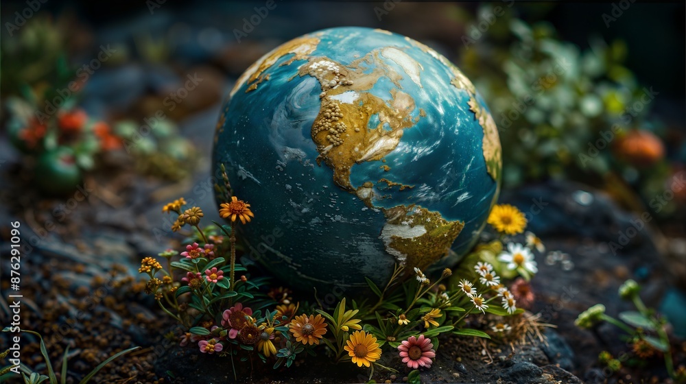 A captivating image of a globe surrounded by flowers and plants, symbolizing the connection between Earth and nature. The style is vibrant and detailed A captivating image of a globe surrounded by flowers and plants, symbolizing the connection between Earth and nature. The style is vibrant and detailed