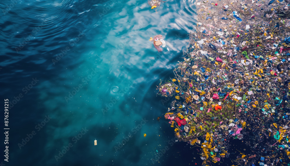Various rubbish and garbage, mostly plastic floating on sea surface. View from above. Ocean great garbage patch concept. Generative AI