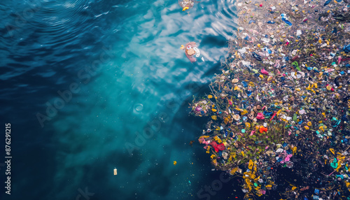 Obraz na płótnie Various rubbish and garbage, mostly plastic floating on sea surface. View from above. Ocean great garbage patch concept. Generative AI w salonie