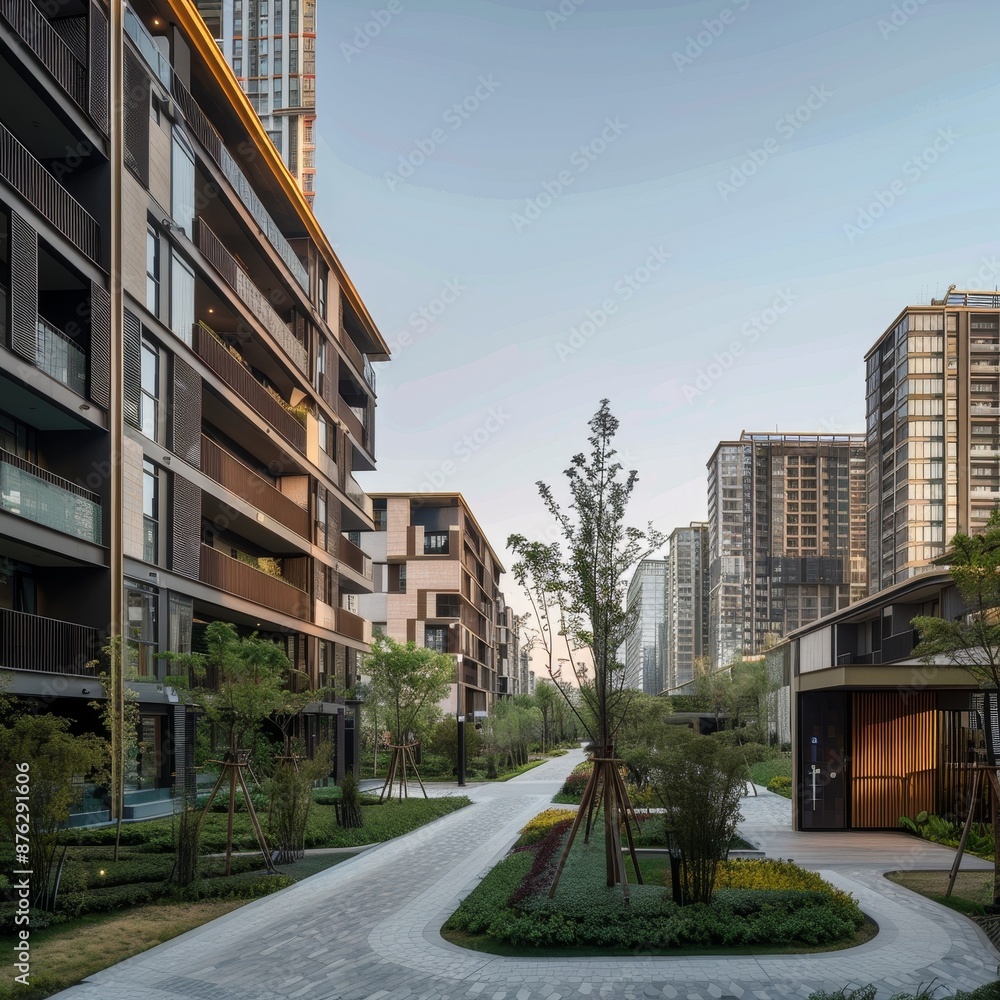 Modern Urban Streetscape with Sleek Architecture and Pristine Walkways Modern Urban Streetscape with Sleek Architecture and Pristine Walkways