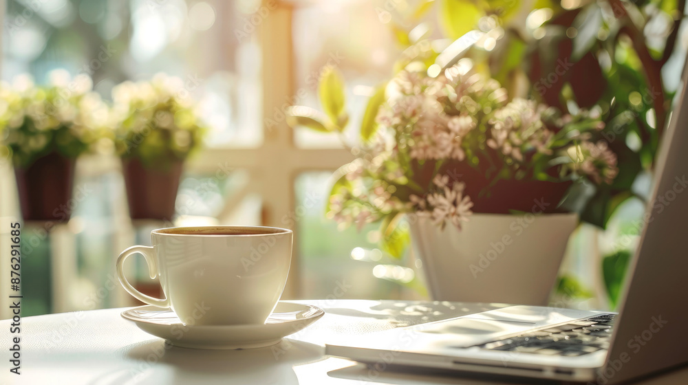 close up laptop and coffee on morning on table close up laptop and coffee on morning on table