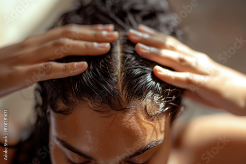 Young woman is applying hair oil and massaging her scalp to stimulate hair growth, promoting healthy hair care practices