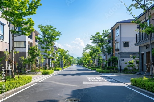 Tranquil Urban Oasis: Modern Residential Street with Lush Tree-Lined Sidewalks